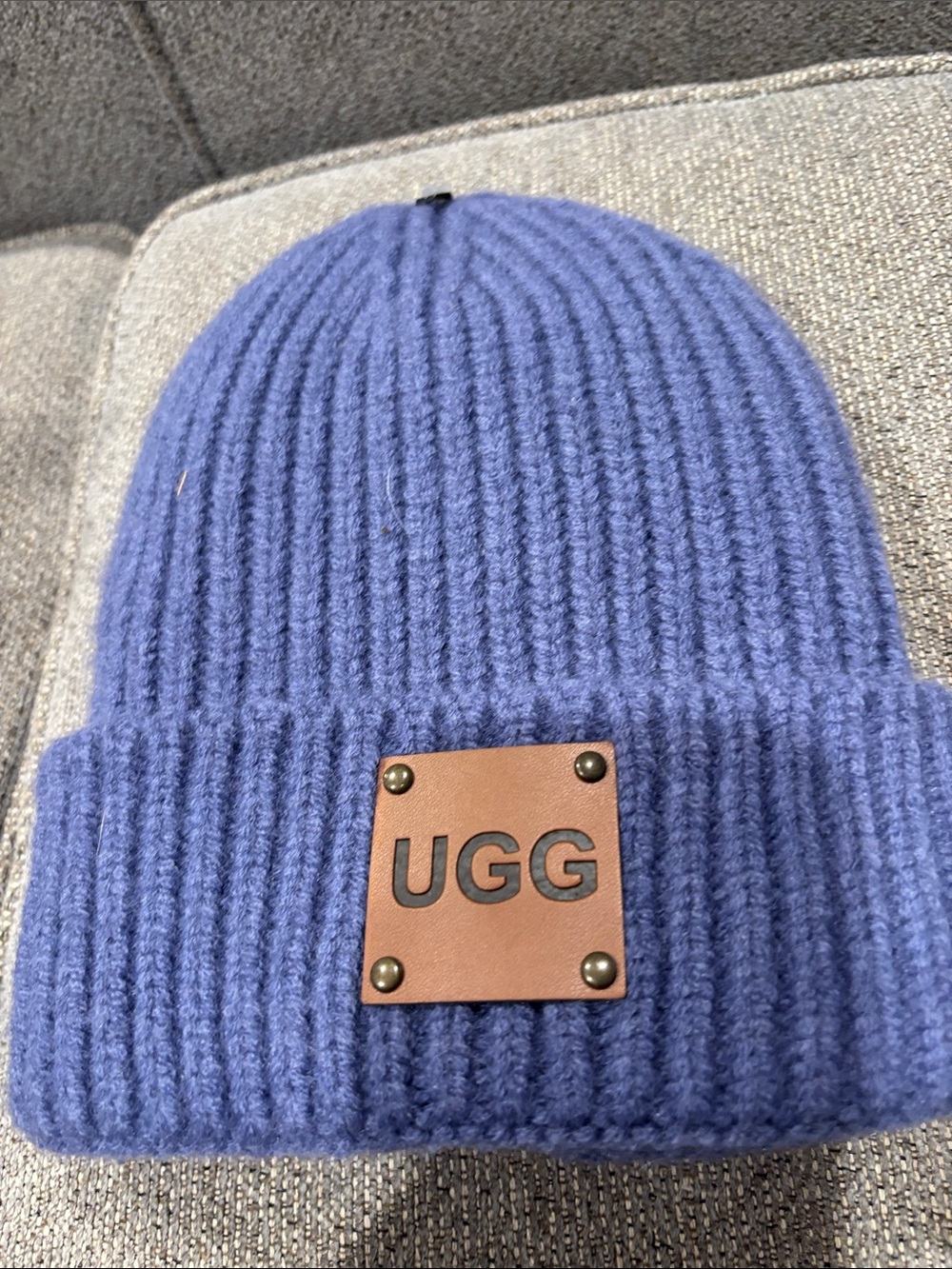 UGG Ribbed Knit Beanie in Periwinkle Blue with Leather Logo